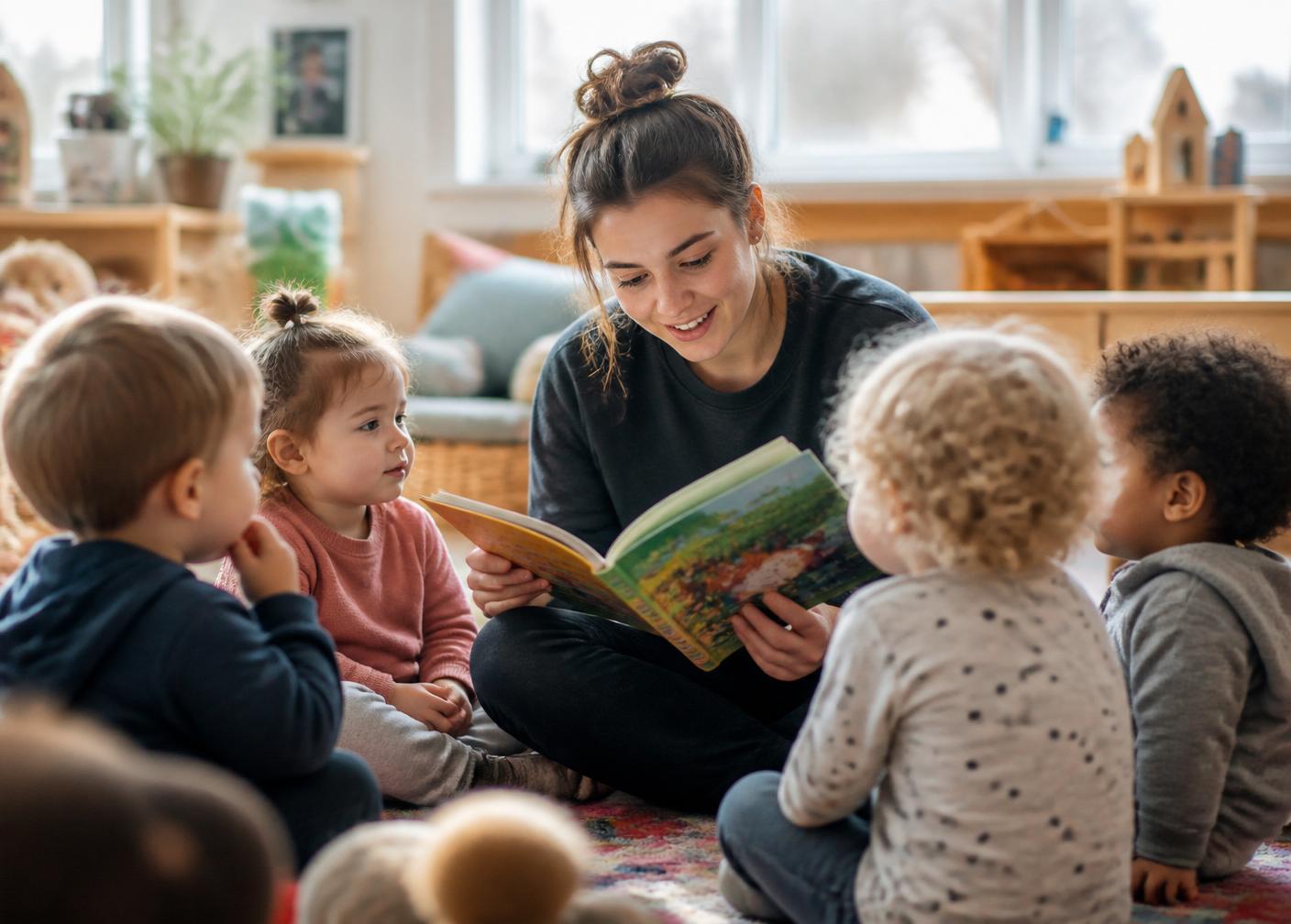 An early years apprentice reads to a group of toddlers